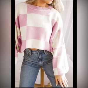 Pink and White Checkered Women's Sweater